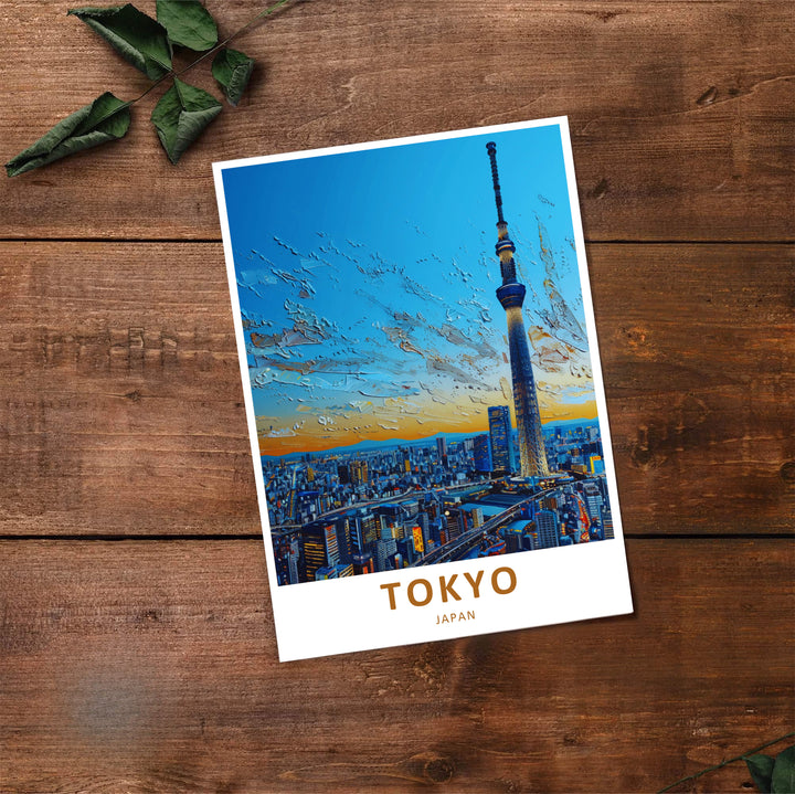 European and Asian city print illustrating Tokyo Skytree in a unique painterly palette knife style. Offered by MapYourDreams, this artwork is available in flexible options including unframed paper, custom wooden frames, and gallery canvas wraps.
