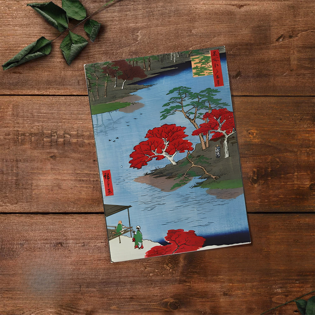 Historic Japanese landscape print Akiba Shrine Ukeji by artist Utagawa Hiroshige with authentic calligraphy reflecting historic shrine views in Akiba Shrine Ukeji. Select premium framed, unframed, and canvas wall decor options at MapYourDreams.