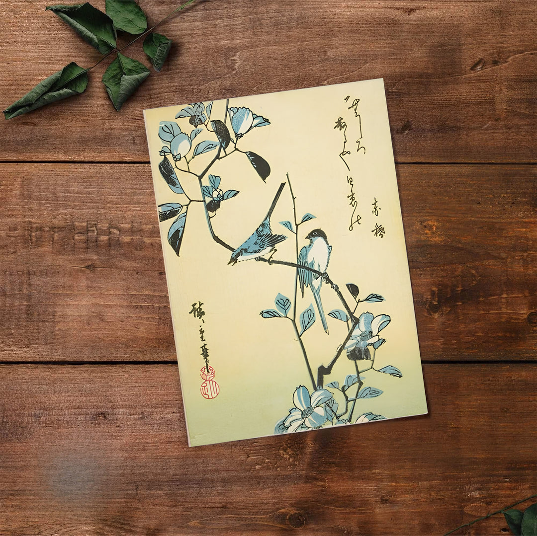 Historic Japanese songbird print Birds Flowering Branch by artist Utagawa Hiroshige with authentic calligraphy reflecting historic floral views in Edo Botanical Garden. Select premium framed, unframed, and canvas wall decor options at MapYourDreams.