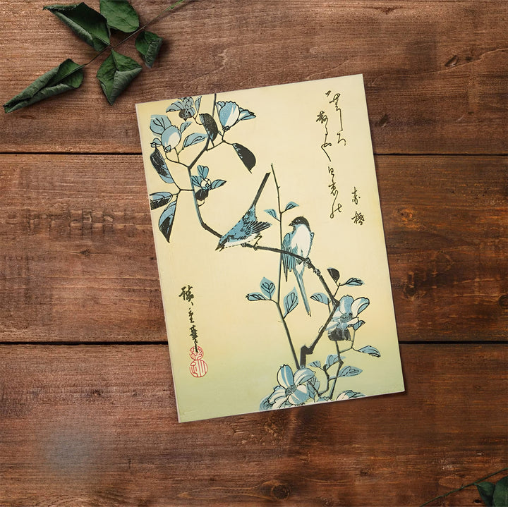 Historic Japanese songbird print Birds Flowering Branch by artist Utagawa Hiroshige with authentic calligraphy reflecting historic floral views in Edo Botanical Garden. Select premium framed, unframed, and canvas wall decor options at MapYourDreams.