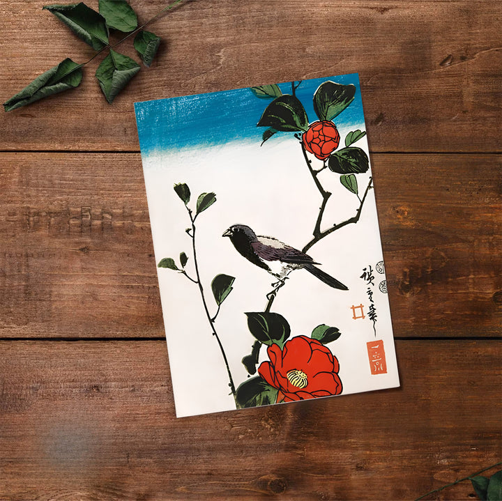 Historic Japanese bird print Java Sparrow Camellia by artist Utagawa Hiroshige with authentic signature stamp reflecting floral beauty in Kyoto Camellia Garden. Select premium framed, unframed, and canvas wall decor options at MapYourDreams.
