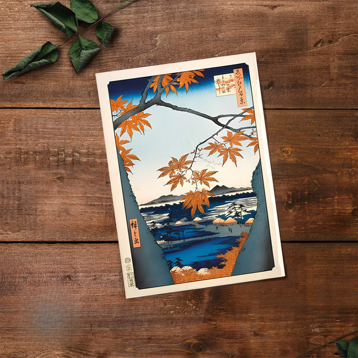 Historic Japanese landscape print Maple Trees at Mama by artist Utagawa Hiroshige with authentic publisher seals reflecting autumn beauty at Maple Trees at Mama and Tekona Shrine. Select premium framed, unframed, and canvas wall decor options at MapYourDreams.