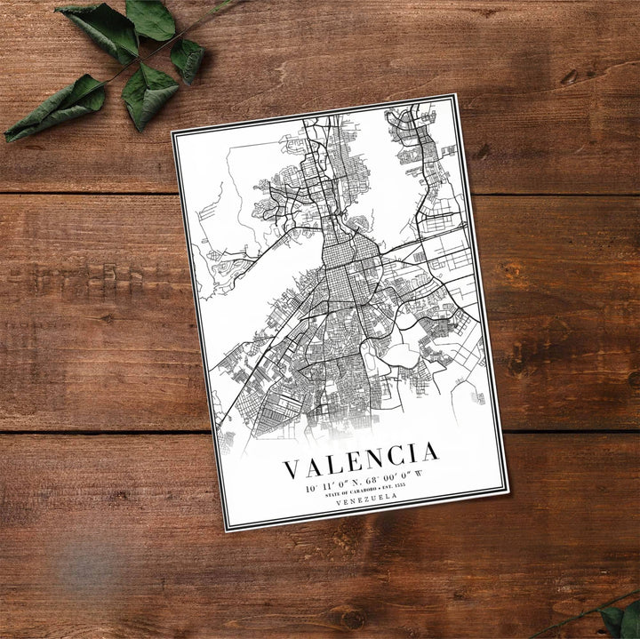 Artistic cartography illustration capturing the stark black ink lines and white background of Valencia, Carabobo. Made by MapYourDreams, this artistic composition can be purchased as an unframed print, elegantly mounted in wood frames, or produced on stretched canvas.