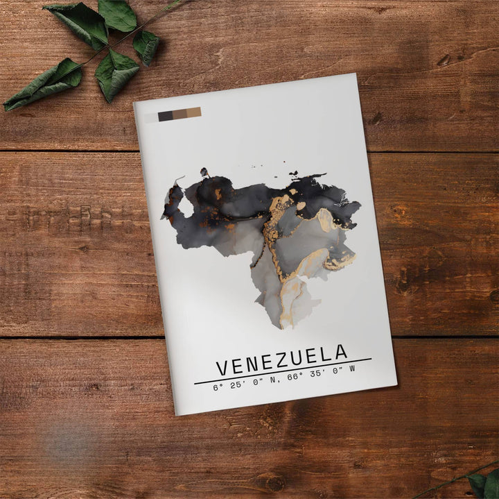 Artistic map illustration capturing the charcoal black, slate grey, translucent sepia, and metallic gold tones of Venezuela. Made by MapYourDreams, this artistic composition can be purchased as an unframed print, elegantly mounted in wood frames, or produced on stretched canvas.