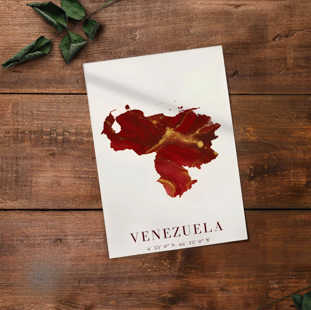 Artistic map illustration capturing the crimson red, ruby, burgundy, and metallic gold tones of Venezuela. Made by MapYourDreams, this artistic composition can be purchased as an unframed print, elegantly mounted in wood frames, or produced on stretched canvas.