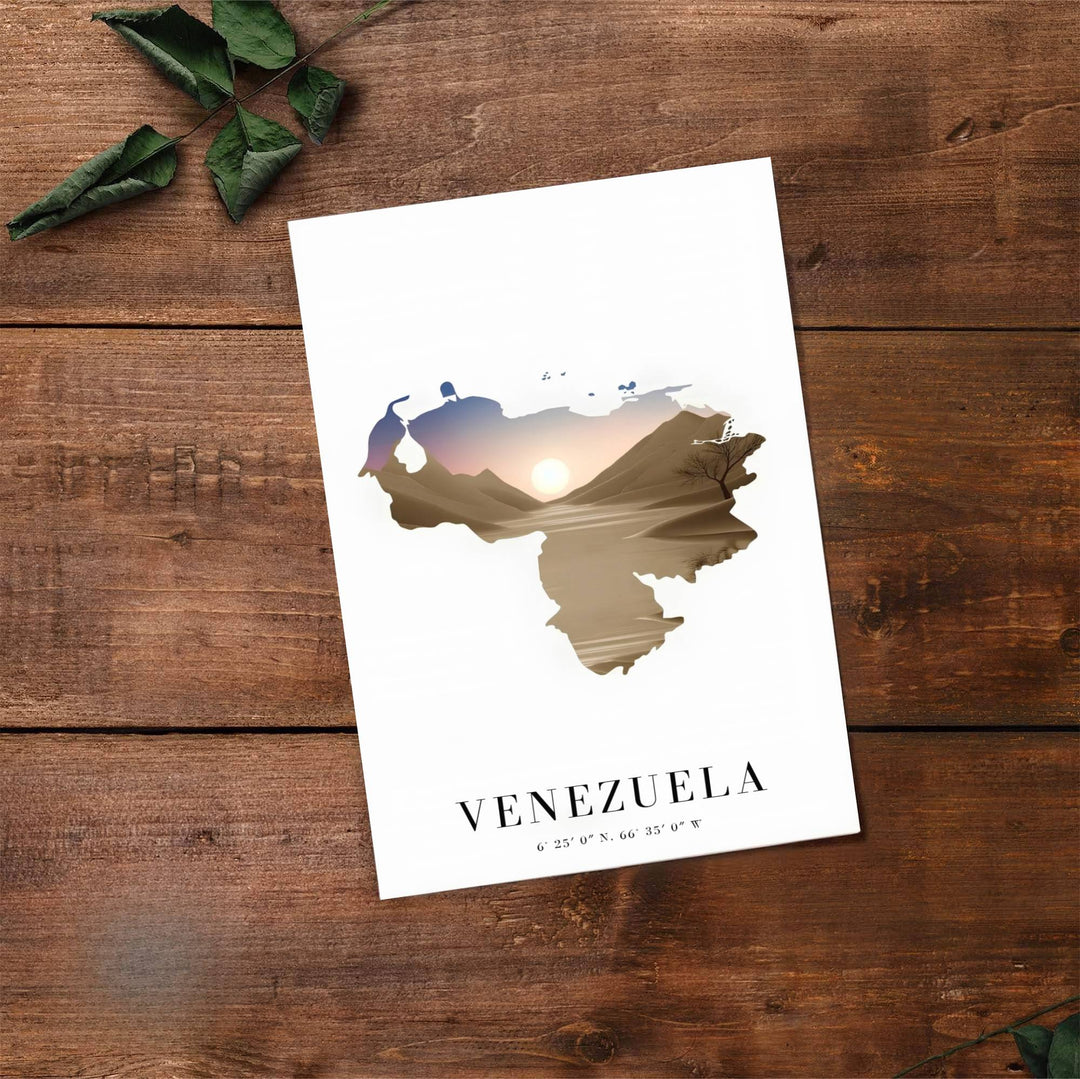 Artistic map illustration capturing the golden amber, sandy beige, dusty rose, and periwinkle blue tones of Venezuela. Made by MapYourDreams, this artistic composition can be purchased as an unframed print, elegantly mounted in wood frames, or produced on stretched canvas.