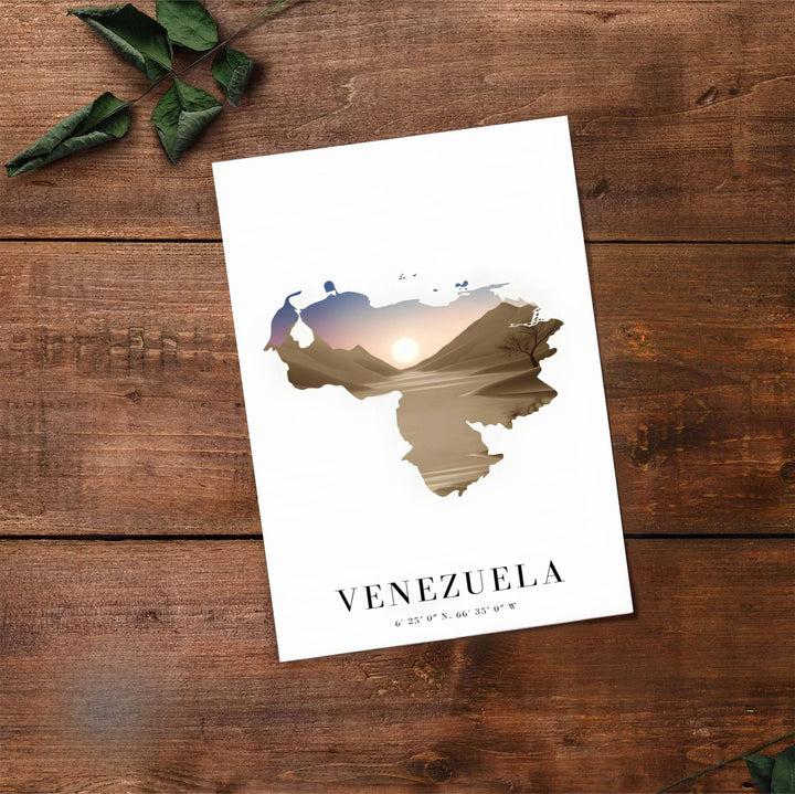 Artistic map illustration capturing the golden amber, sandy beige, dusty rose, and periwinkle blue tones of Venezuela. Made by MapYourDreams, this artistic composition can be purchased as an unframed print, elegantly mounted in wood frames, or produced on stretched canvas.