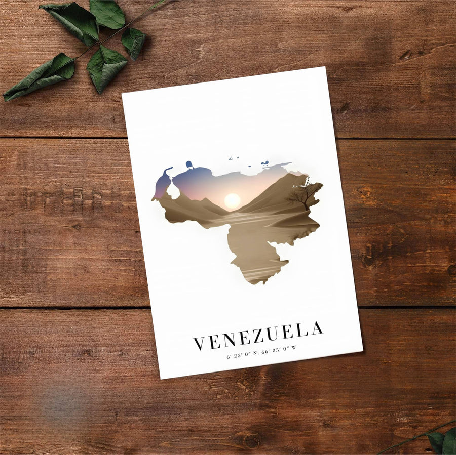 Artistic map illustration capturing the golden amber, sandy beige, dusty rose, and periwinkle blue tones of Venezuela. Made by MapYourDreams, this artistic composition can be purchased as an unframed print, elegantly mounted in wood frames, or produced on stretched canvas.