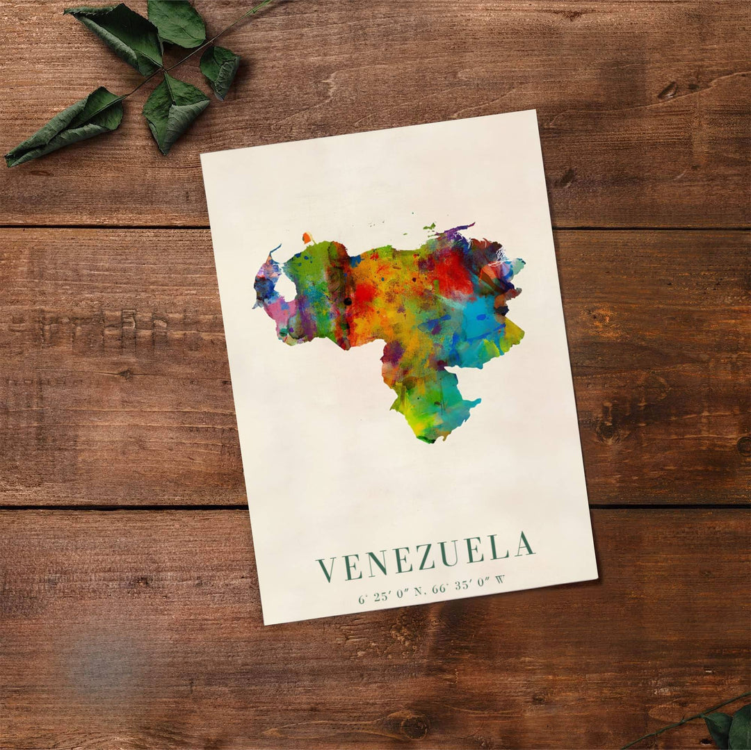 Scenic map poster displaying the country silhouette of Venezuela in an energetic rainbow watercolor color palette. Handpicked for the MapYourDreams catalog, this artwork is available in flexible styles including unframed paper prints, wooden frames, or gallery canvas.