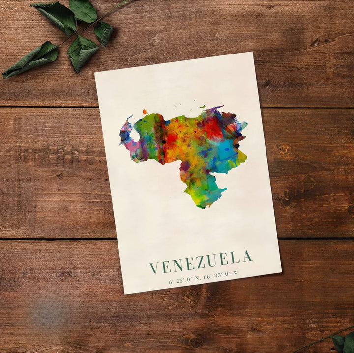Scenic map poster displaying the country silhouette of Venezuela in an energetic rainbow watercolor color palette. Handpicked for the MapYourDreams catalog, this artwork is available in flexible styles including unframed paper prints, wooden frames, or gallery canvas.