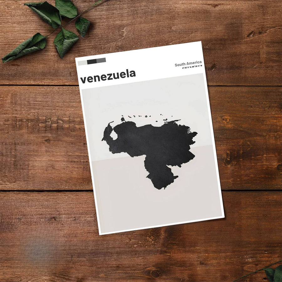 Scenic map poster displaying the country silhouette of Venezuela in a timeless black and neutral color palette. Handpicked for the MapYourDreams catalog, this artwork is available in flexible styles including unframed paper prints, wooden frames, or gallery canvas.