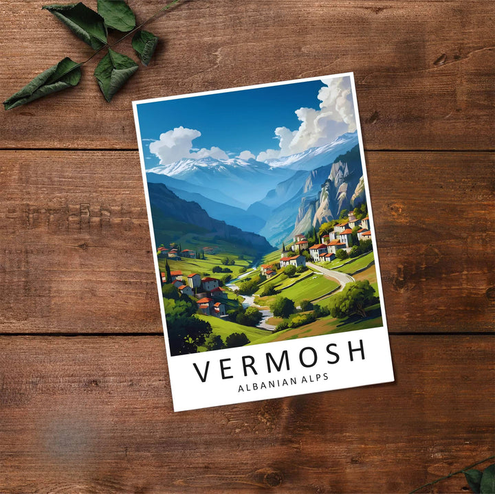 Fine art travel poster showing Vermosh with daytime skies, alpine backdrops, and relaxed highland scenery across an inviting vertical view. Choose from flexible display setups including unframed archival paper, wooden frames, or wrapped canvas formats.