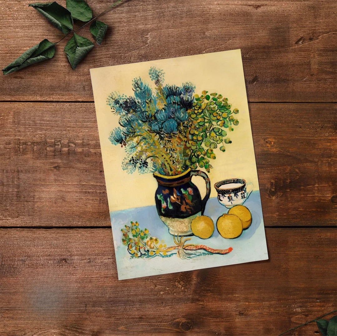 Classical art collector poster print of Vincent van Gogh Majolica Jar Wildflowers 1888 showing a jug and lemons in Arles France. Select premium framed wall art, unframed paper prints, and stretched canvas decor options at MapYourDreams for an eye-catching focal display.