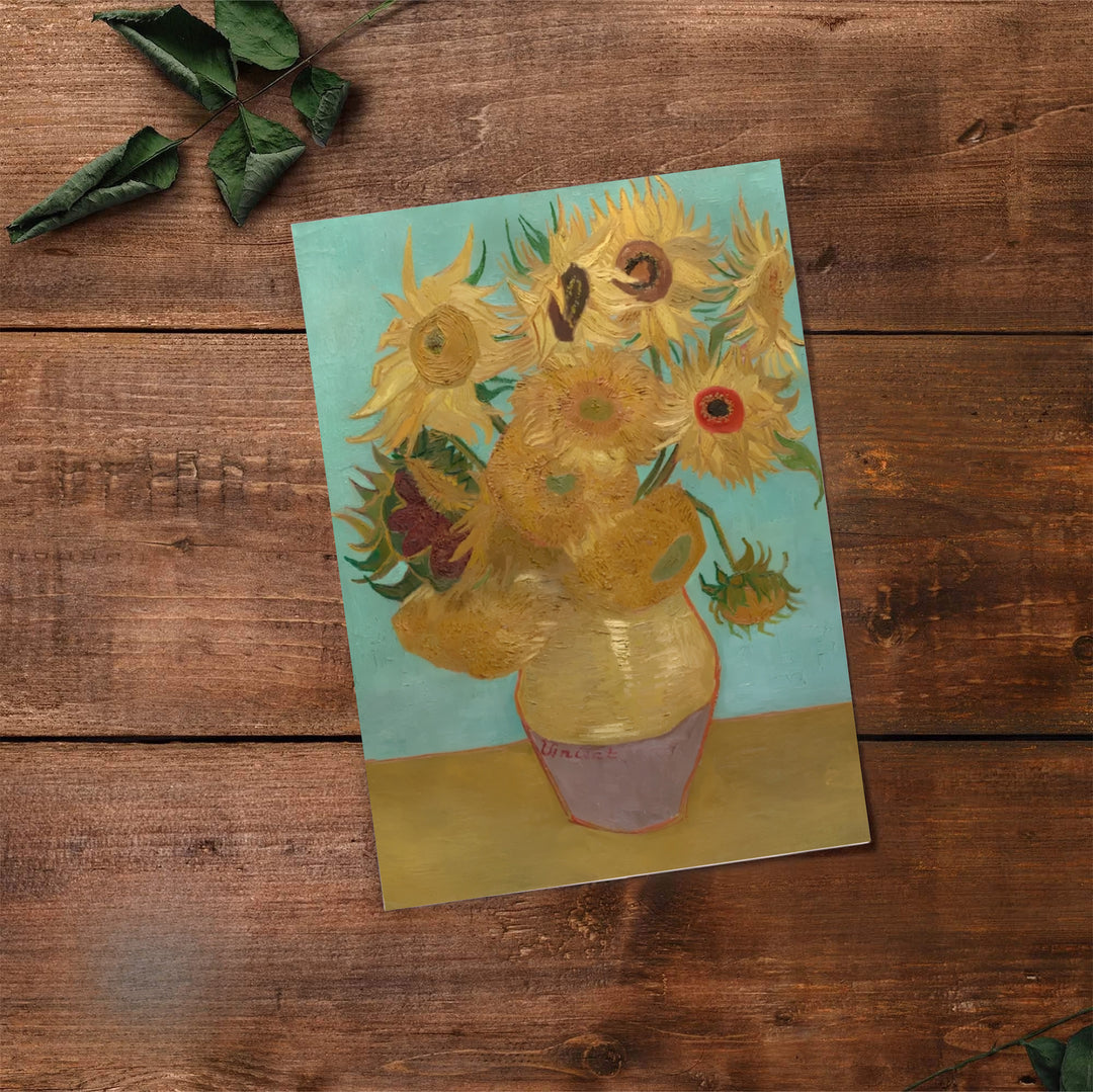 Classical art collector poster print of Vincent van Gogh Sunflowers on Blue 1888 showing a ceramic jar in Arles France. Select premium framed wall art, unframed paper prints, and stretched canvas decor options at MapYourDreams for an eye-catching focal display.