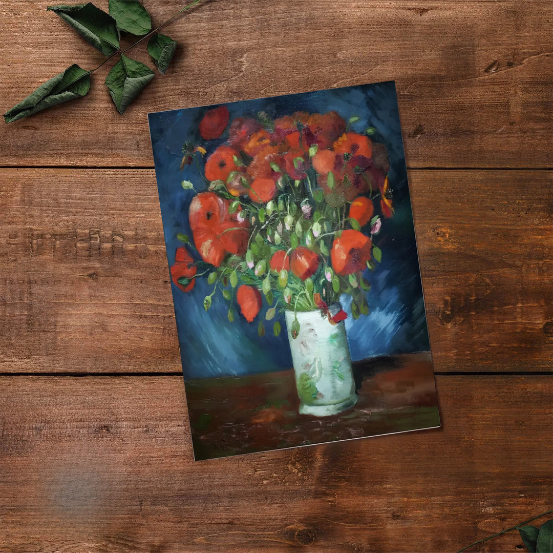Classical art print of Vincent van Gogh Vase With Red Poppies 1886 showing a floral display in Paris France. Select premium framed wall art, unframed paper prints, and stretched canvas decor options at MapYourDreams for an eye-catching focal focal point in your hall.