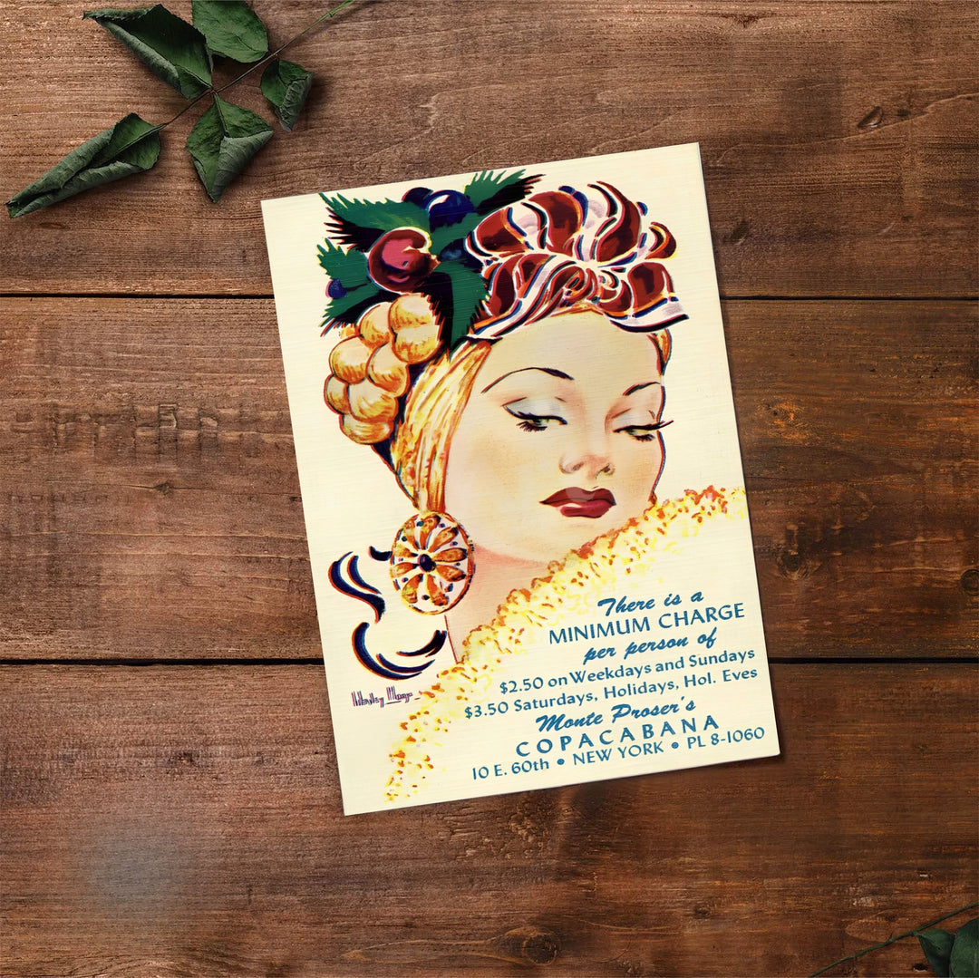 Vintage cabaret venue poster depicting Copacabana NYC branding with 1940s fruit turban illustration artwork, available at MapYourDreams as an unframed fine art print, gallery canvas, or custom framed decor in pure gold and silver for dining room accent walls.