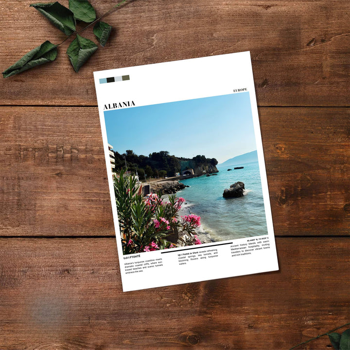 Fine art travel poster showing Vlorë with Mediterranean sea views, coastal tunnel architecture, and relaxed beach scenery across an inviting vertical view. Choose from flexible display setups including unframed archival paper, wooden frames, or wrapped canvas formats.