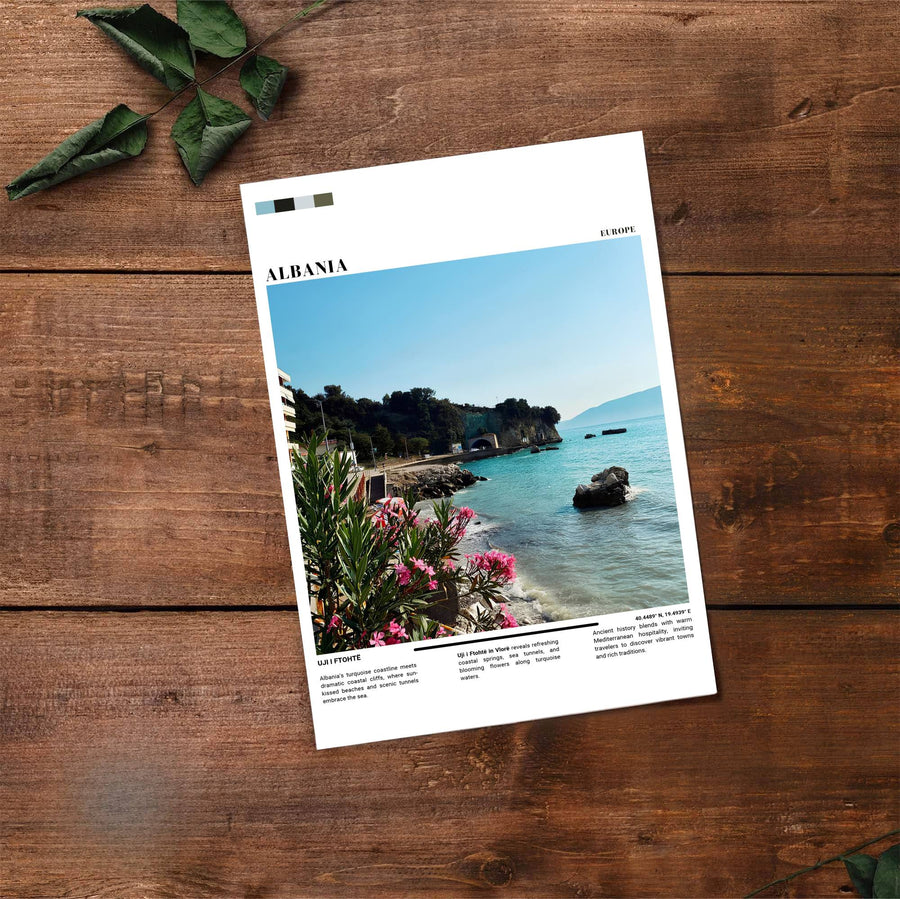 Fine art travel poster showing Vlorë with Mediterranean sea views, coastal tunnel architecture, and relaxed beach scenery across an inviting vertical view. Choose from flexible display setups including unframed archival paper, wooden frames, or wrapped canvas formats.