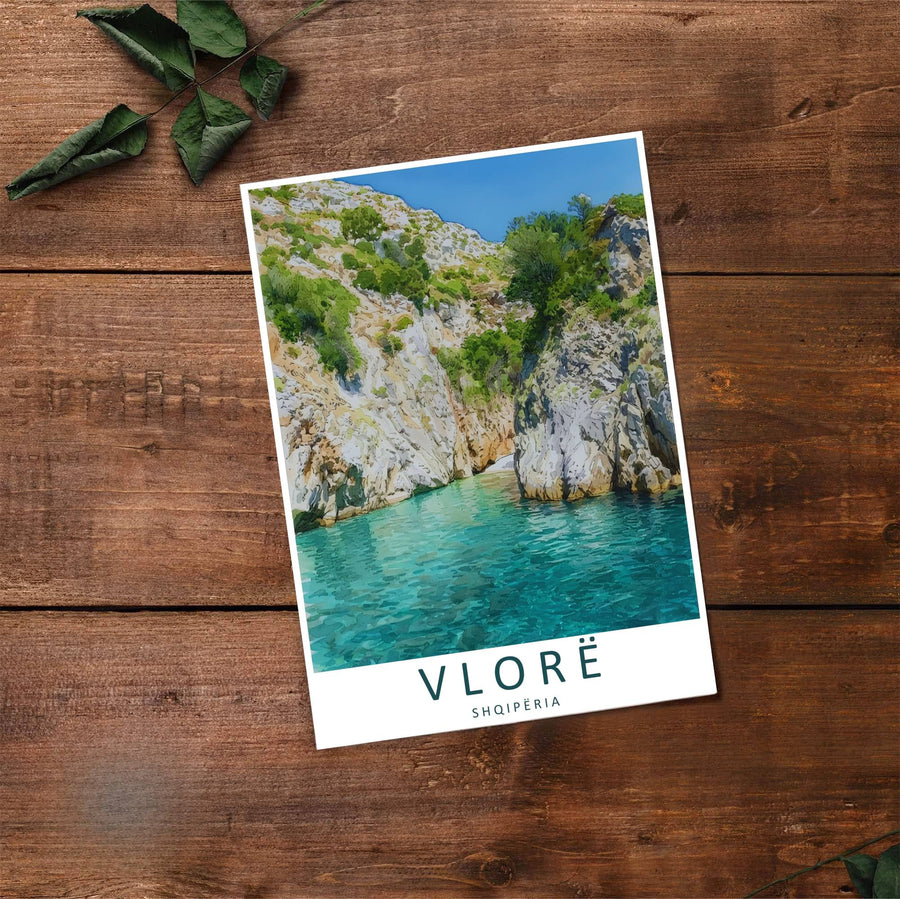 Fine art travel poster showing Gjipe with daytime skies, canyon backdrops, and relaxed coastal scenery across an inviting vertical view. Choose from flexible display setups including unframed archival paper, wooden frames, or wrapped canvas formats.