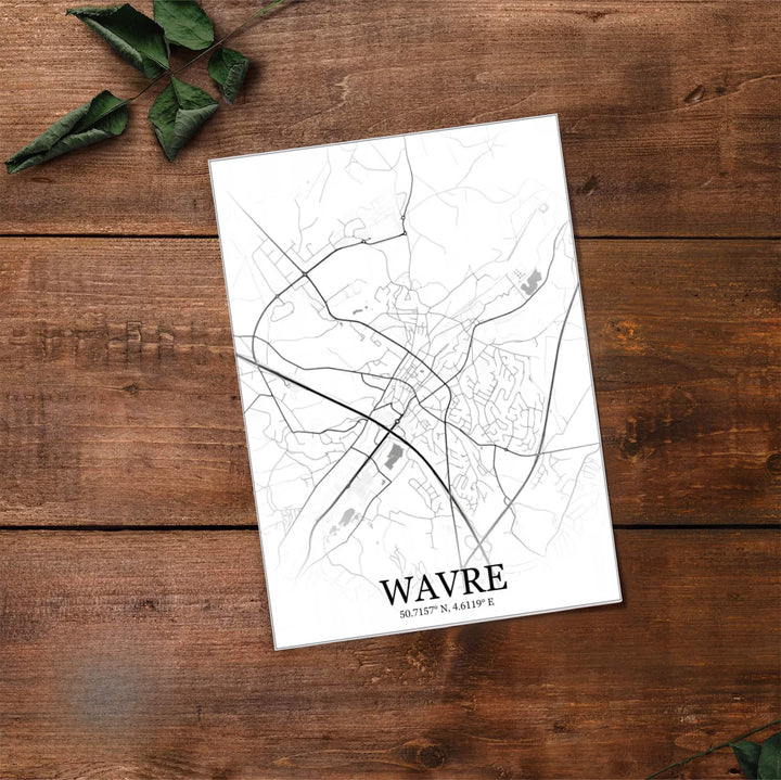 Clean geometric line map artwork highlighting the regional highways, roundabouts, and streets of Wavre, Belgium, in contrast black and white. Offered by MapYourDreams, this artwork is available in flexible options including unframed paper, custom wooden frames, and gallery canvas wraps.