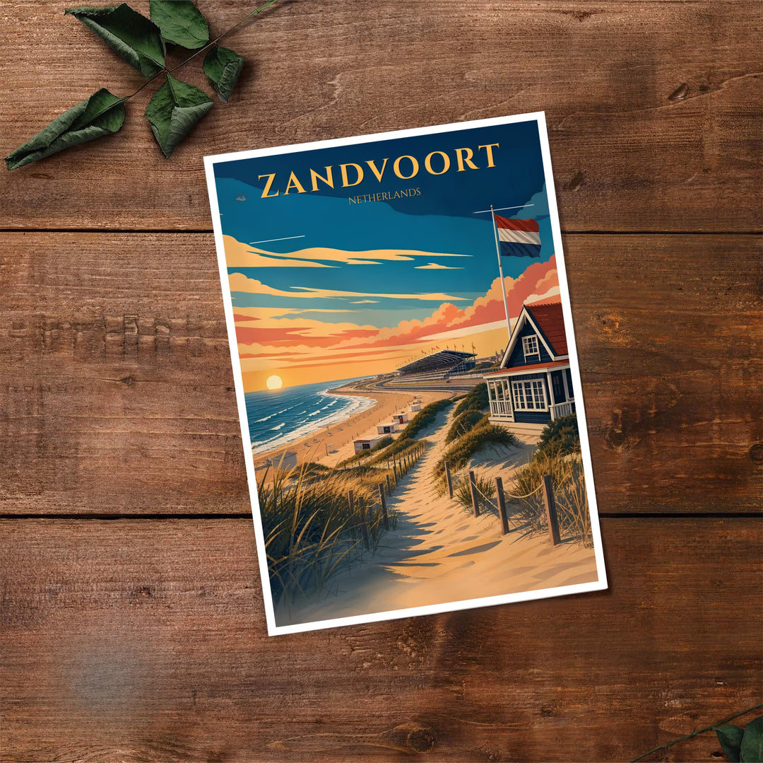 Retro travel print of Zandvoort beach dunes and ocean waves at dusk in the Netherlands, available at MapYourDreams where you can select from unframed paper prints, gallery canvas, or custom framed wall art options for modern coastal home decor setups.