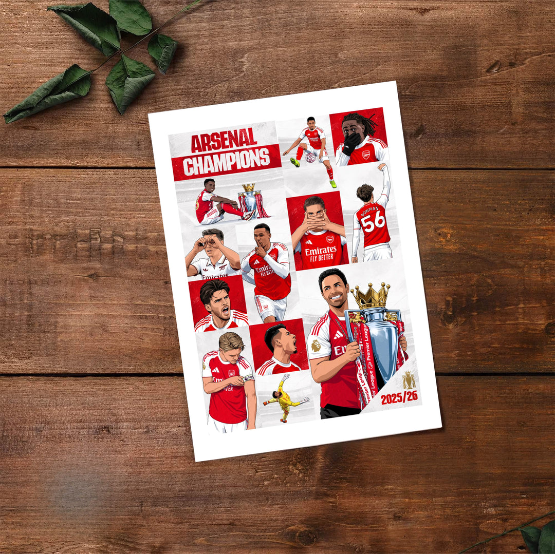 Bold comic line artwork poster print of Arsenal FC 2025/26 champions at Emirates Stadium, available as unframed, framed, or canvas wall art to celebrate the historic title win.
