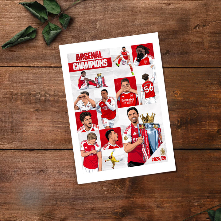 Bold comic line artwork poster print of Arsenal FC 2025/26 champions at Emirates Stadium, available as unframed, framed, or canvas wall art to celebrate the historic title win.