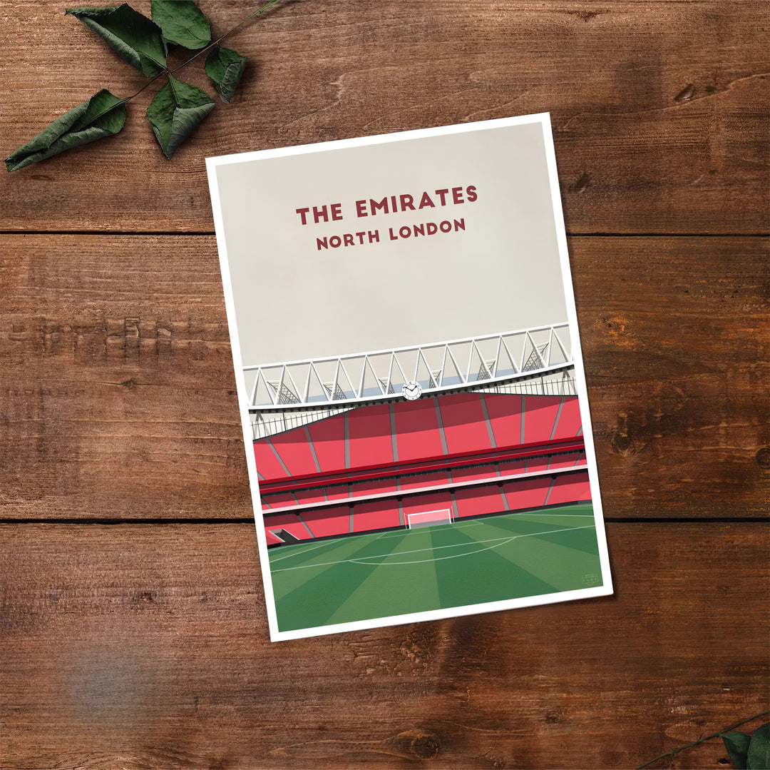 Graphic illustration poster of Emirates Stadium featuring North London typography and red stand seating, available as unframed prints, framed options, or canvas for home bar interior decor.