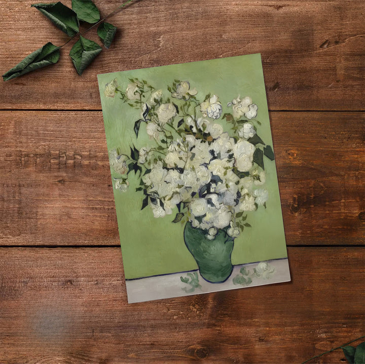 Classical art collector poster print of Vincent van Gogh Roses 1890 showing a green ceramic jar in Saint-Remy-de-Provence France. Select premium framed wall art, unframed paper prints, and stretched canvas decor options at MapYourDreams for an eye-catching focal display.