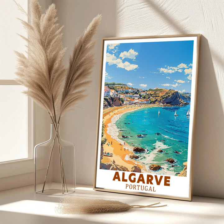 Vibrant turquoise ocean and golden beach colors lend an uplifting mood to this Lagos, Algarve, Portugal travel print. Browse archival framed, unframed, and canvas options at MapYourDreams for wall gallery decor.