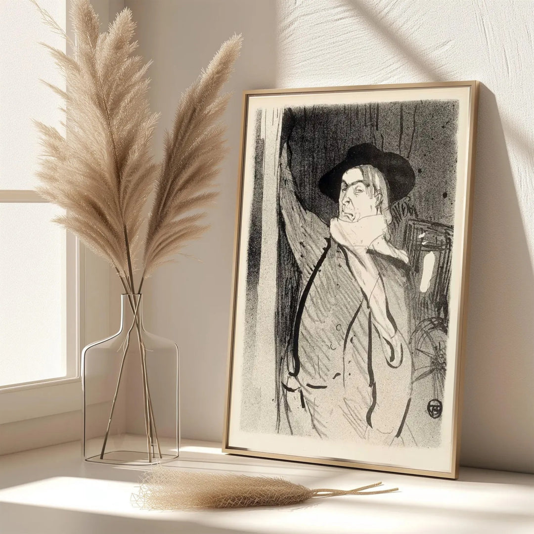 Fine art monochrome travel poster print of Henri de Toulouse-Lautrec Aristide Bruant 1893 in Montmartre Paris France. Select premium framed, unframed, and canvas wall decor options at MapYourDreams.