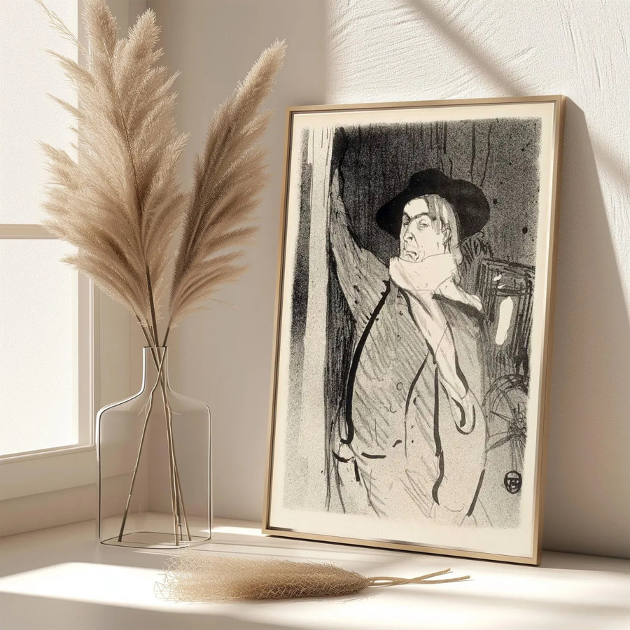 Fine art monochrome travel poster print of Henri de Toulouse-Lautrec Aristide Bruant 1893 in Montmartre Paris France. Select premium framed, unframed, and canvas wall decor options at MapYourDreams.