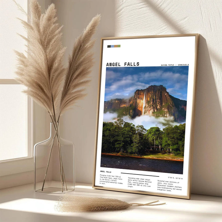 Scenic travel poster displaying the world-famous Angel Falls in an elegant white-bordered gallery layout. Handpicked for the MapYourDreams catalog, this artwork is available in flexible styles including unframed paper prints, wooden frames, or gallery canvas.
