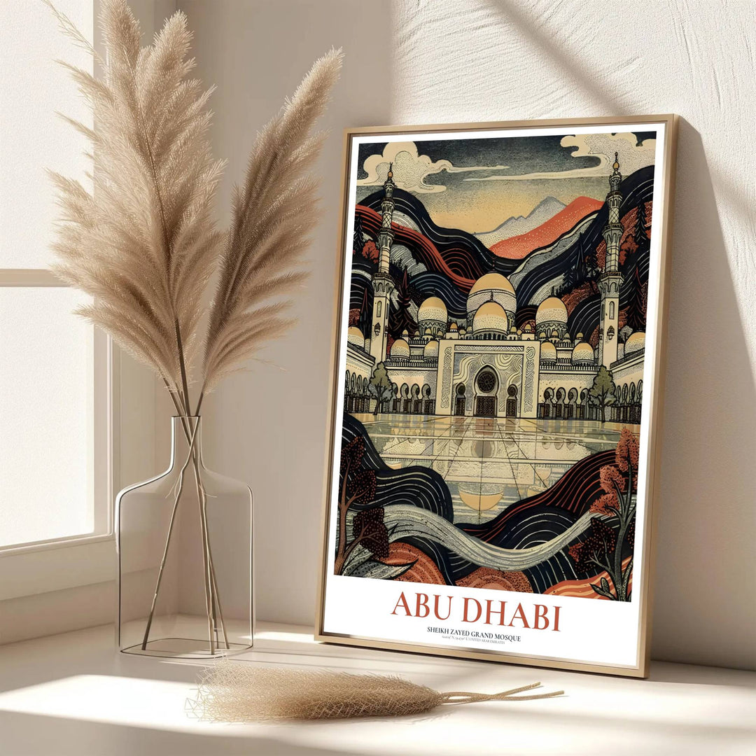Middle Eastern landmark poster showcasing Sheikh Zayed Grand Mosque Abu Dhabi in unique woodblock line style. Developed by MapYourDreams, this artwork is available in flexible options including unframed paper, custom wooden frames, and gallery canvas wraps for hallway wall decor.