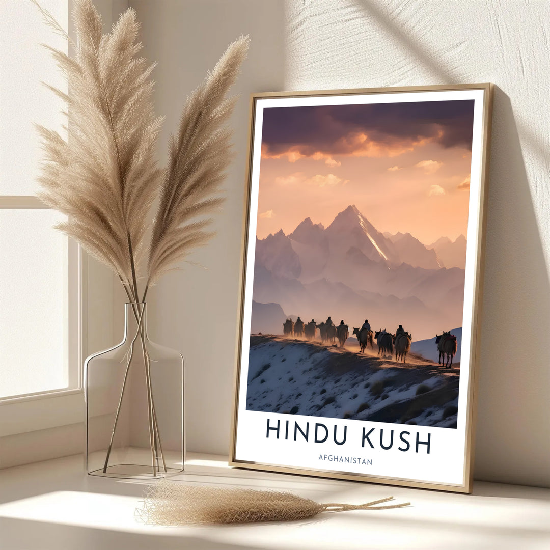 Travel photography poster of the Hindu Kush range in Afghanistan featuring golden sky tones and sharp peak silhouettes, created by MapYourDreams with options for unframed art prints, stretched canvas wall decor, or custom framed prints in gold and classic black frame finishes.