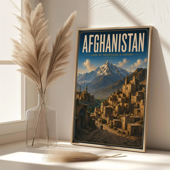 Illustrated vintage travel poster of Afghanistan displaying an ancient town path leading toward high snow capped peaks, created by MapYourDreams with options for unframed art prints, stretched canvas wall decor, or custom framed prints in gold and classic black frame finishes.
