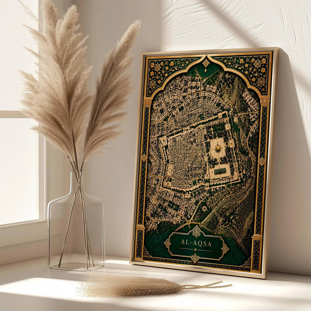 Gold embossed archway framing a map print of Jerusalem Old City and the holy Al-Aqsa sanctuary. Published by MapYourDreams, this artwork is available in flexible options including unframed paper, custom wooden frames, and gallery canvas wraps for fine art display.