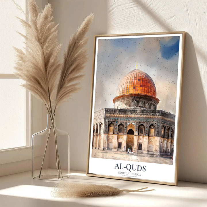 Gold and copper tone watercolor depiction of Jerusalem&