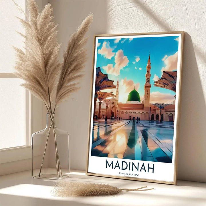 Cultural travel poster of Madinah showcasing Al Masjid An Nabawi under dramatic clouds and warm evening sunlight. Developed by MapYourDreams, this artwork is available in flexible options including unframed paper, custom wooden frames, and gallery canvas wraps for hallway wall decor.