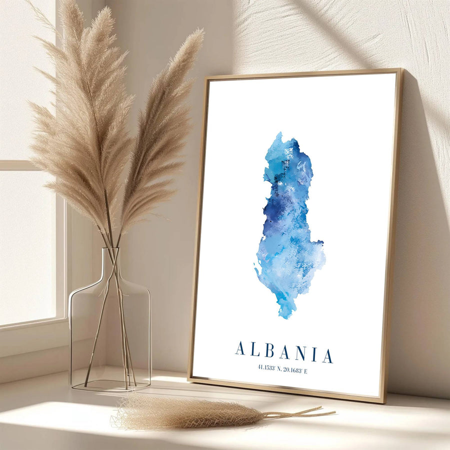 Elegant Albania map poster boasting vibrant indigo watercolor tones, ideal for living room wall decoration, hallway displays, or aesthetic studio layouts. Offered by MapYourDreams, this artwork is available in flexible options including unframed paper, custom wooden frames, and gallery canvas wraps for room decor.
