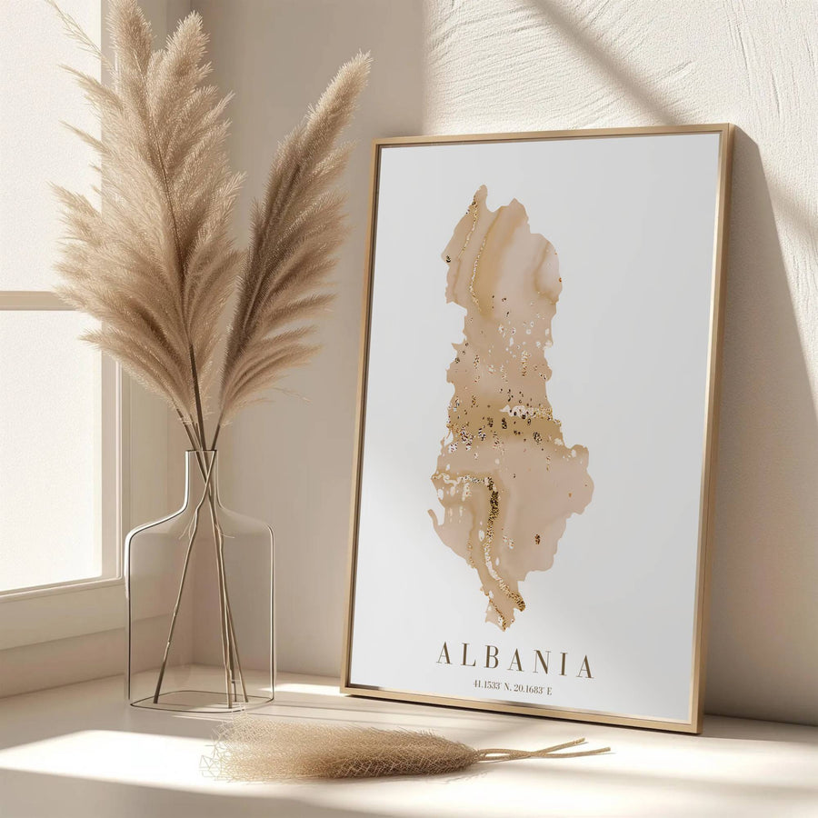 Eye-catching beige and gold map print of Albania created with archival matte materials to preserve delicate fluid colors over time without fading. Offered by MapYourDreams, this artwork is available in flexible options including unframed paper, custom wooden frames, and gallery canvas wraps.