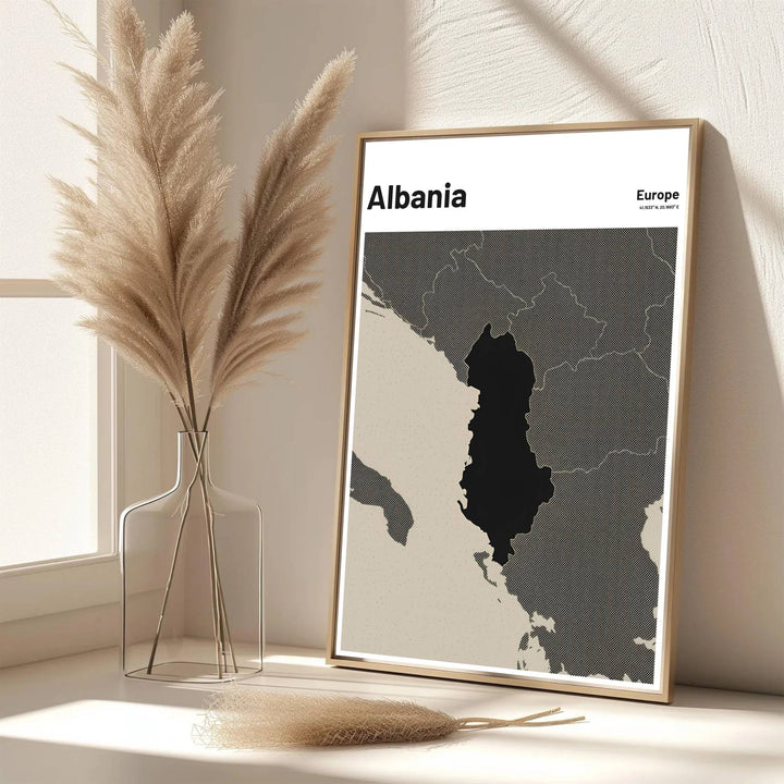 Eye-catching black charcoal map print of Albania created with archival matte materials to preserve dark graphic tones over time without fading. Offered by MapYourDreams, this artwork is available in flexible options including unframed paper, custom wooden frames, and gallery canvas wraps.