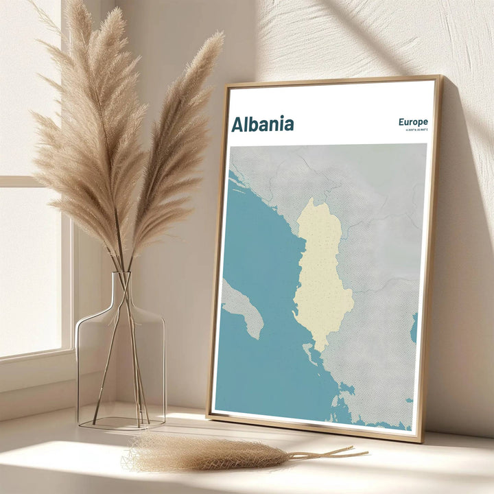 Eye-catching teal map print of Albania created with archival matte materials to preserve serene ocean tones over time without fading. Offered by MapYourDreams, this artwork is available in flexible options including unframed paper, custom wooden frames, and gallery canvas wraps.