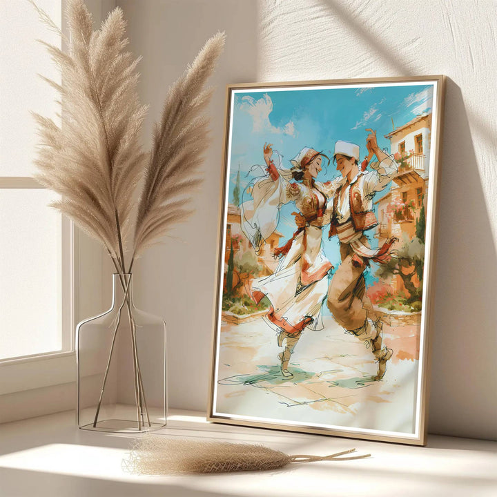 Eye-catching Valle dance print of Albania created with archival matte materials to preserve rich crimson and golden tones over time without fading. Offered by MapYourDreams, this artwork is available in flexible options including unframed paper, custom wooden frames, and gallery canvas wraps.