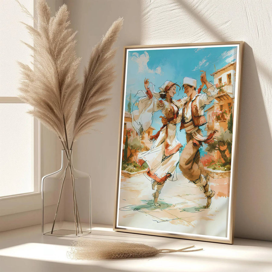 Eye-catching Valle dance print of Albania created with archival matte materials to preserve rich crimson and golden tones over time without fading. Offered by MapYourDreams, this artwork is available in flexible options including unframed paper, custom wooden frames, and gallery canvas wraps.