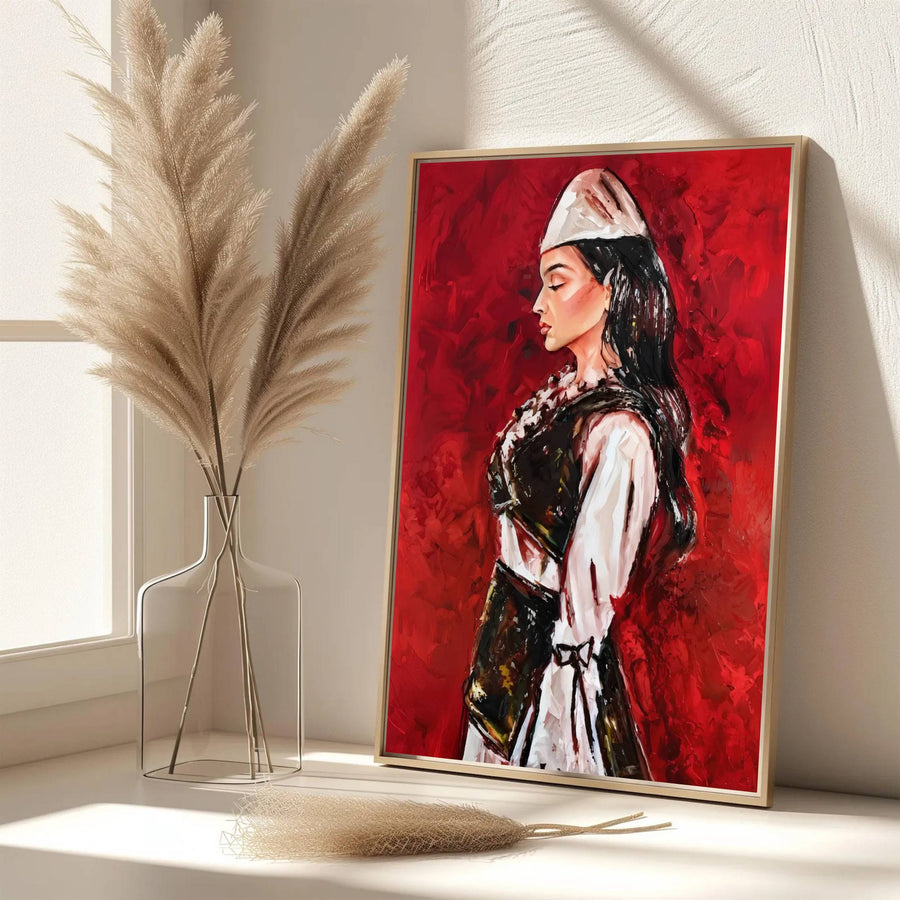 Eye-catching red oil portrait print of Albania created with archival matte materials to preserve deep red tones over time without fading in light. Offered by MapYourDreams, this artwork is available in flexible options including unframed paper, custom wooden frames, and gallery canvas wraps.