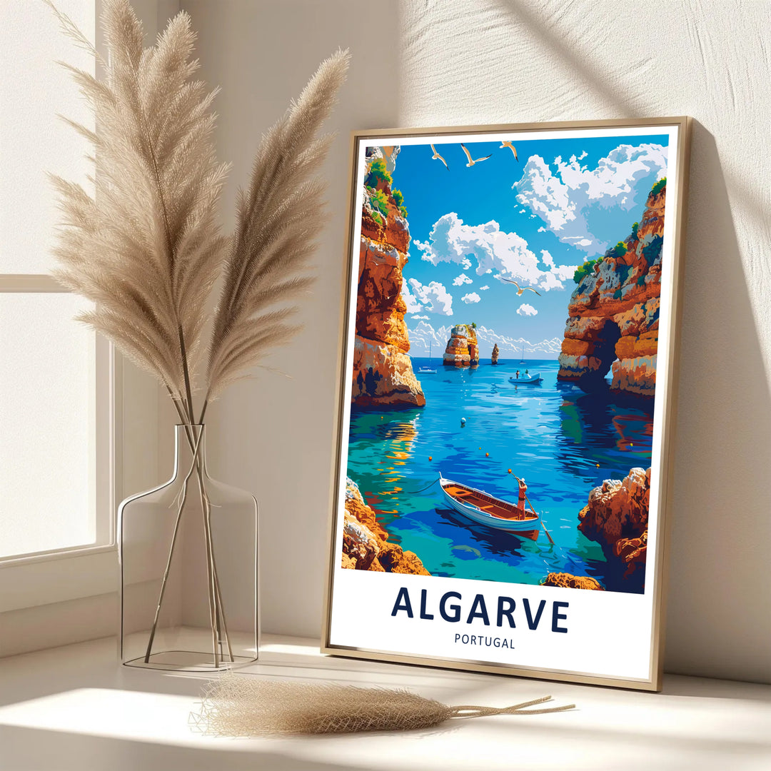 Majestic European coastline landscape beauty shines in this Algarve print celebrating Portugal travel and beach resort culture. Offered in options including an unframed art poster, wood framed print, or canvas display.