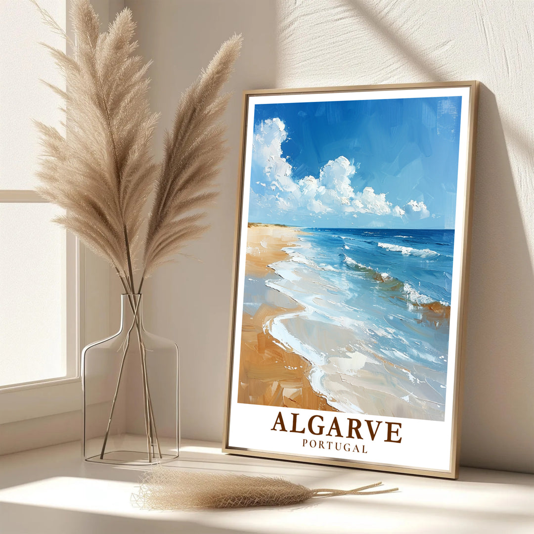 Relaxing sea breeze vibes and impasto cloud textures define this Algarve Beach, Portugal travel poster print. MapYourDreams features high-resolution framed, unframed, and canvas options for master bedroom wall decor.