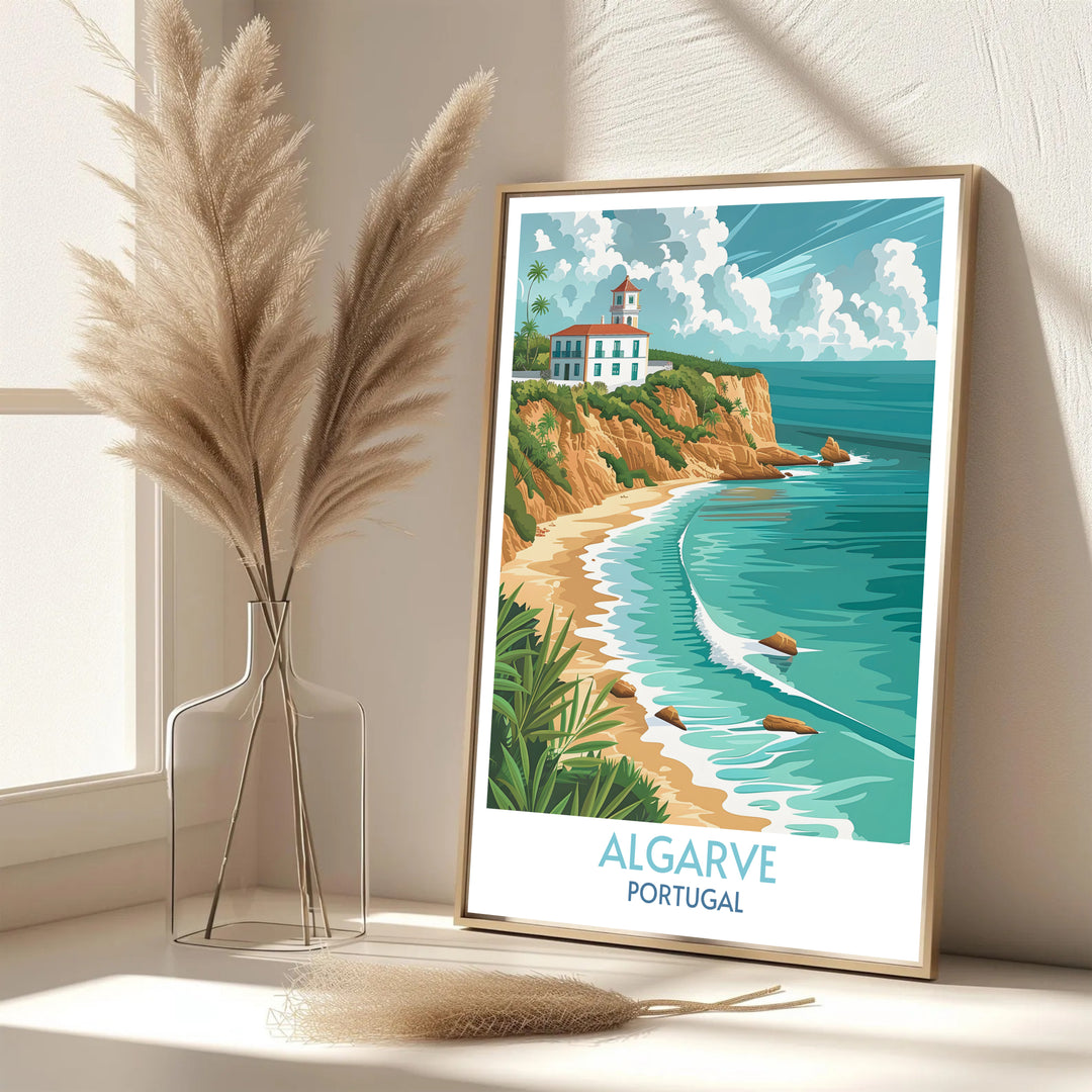Clear blue ocean horizons and red-tiled roofed villas feature in this Algarve print, offered as a durable stretched canvas print or an unframed poster for easy custom framing.