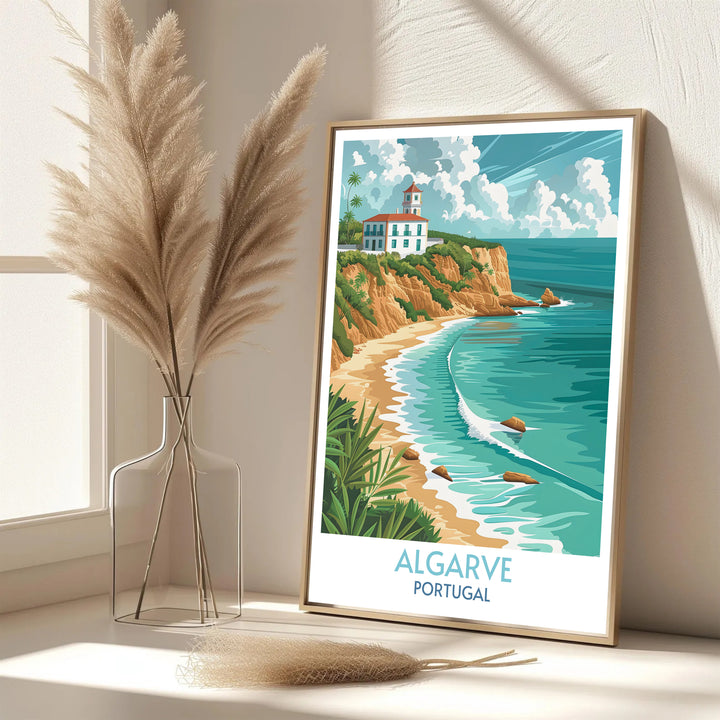Clear blue ocean horizons and red-tiled roofed villas feature in this Algarve print, offered as a durable stretched canvas print or an unframed poster for easy custom framing.